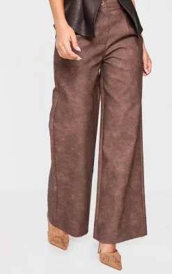 Petite Chocolate Faux Leather Wide Leg Pants