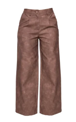 Petite Chocolate Faux Leather Wide Leg Pants