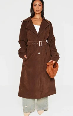 Petite Chocolate Faux Suede Belted Trench Coat