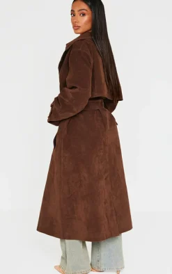 Petite Chocolate Faux Suede Belted Trench Coat
