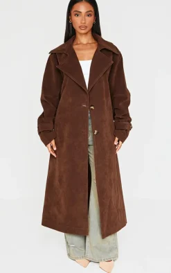 Petite Chocolate Faux Suede Belted Trench Coat