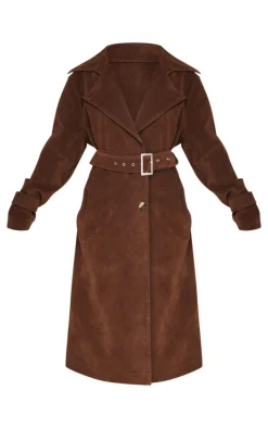 Petite Chocolate Faux Suede Belted Trench Coat