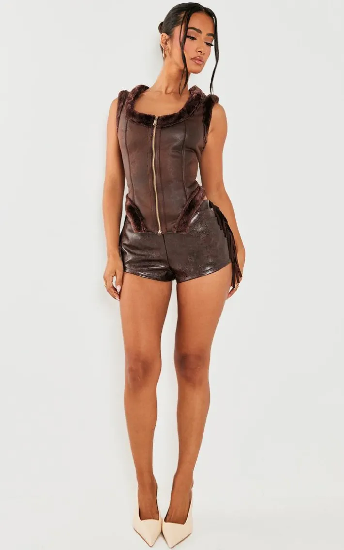 Petite Chocolate Faux Suede Sleeveless Dipped Hem Vest