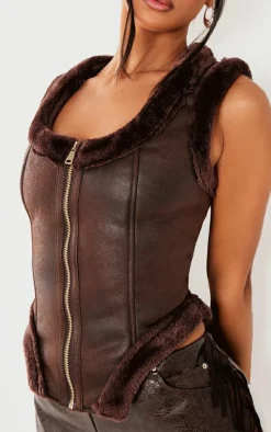 Petite Chocolate Faux Suede Sleeveless Dipped Hem Vest
