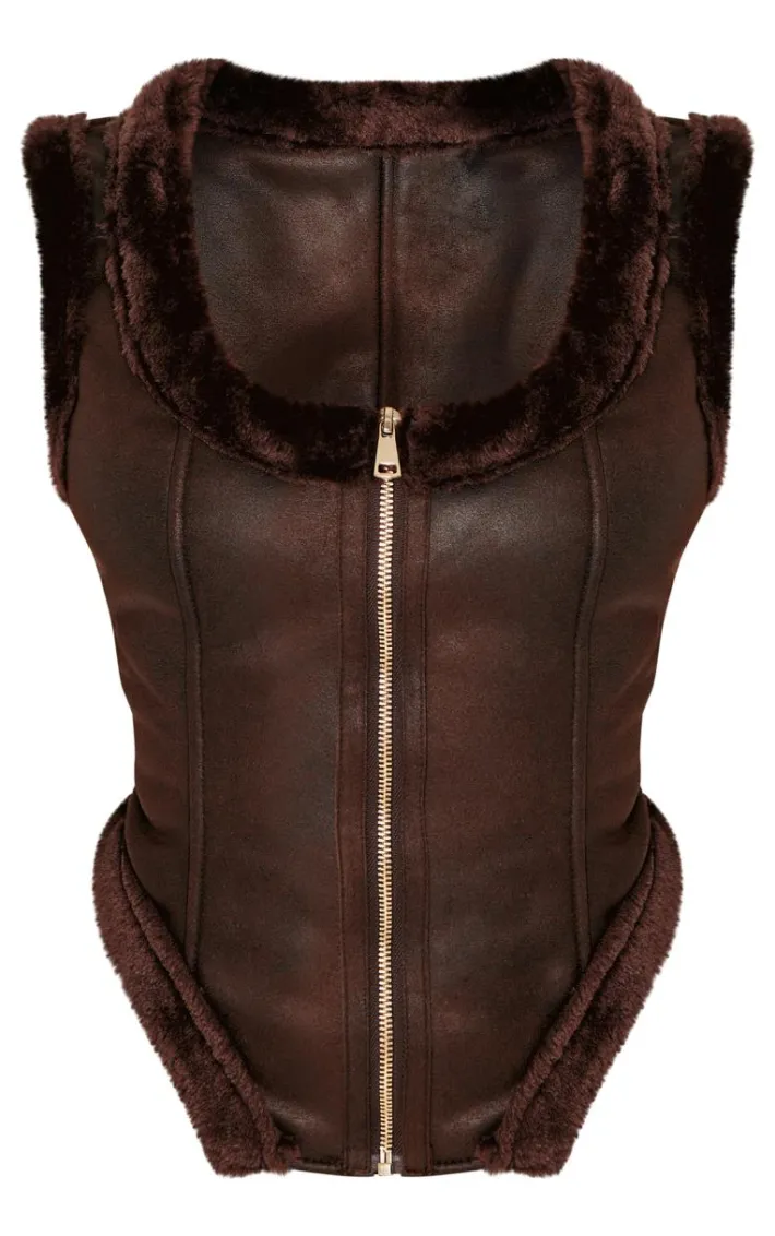 Petite Chocolate Faux Suede Sleeveless Dipped Hem Vest