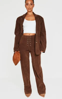 Petite Chocolate Faux Suede Lace Up Wide Leg Pants