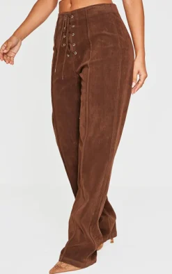 Petite Chocolate Faux Suede Lace Up Wide Leg Pants