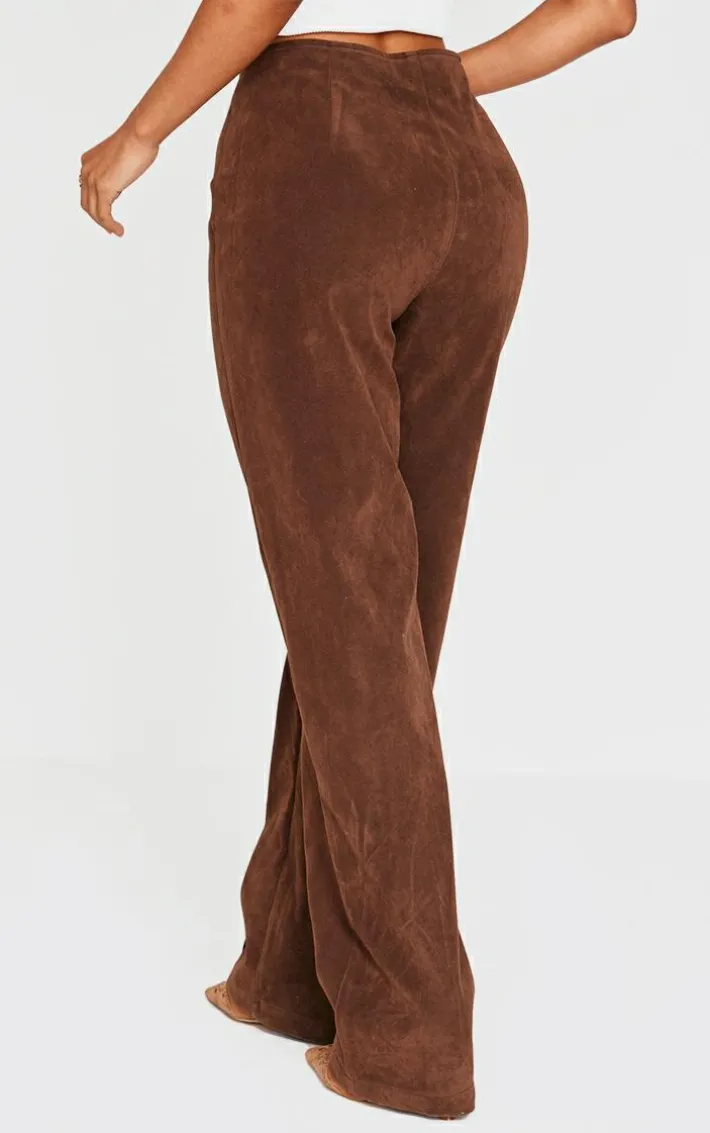Petite Chocolate Faux Suede Lace Up Wide Leg Pants
