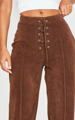 Petite Chocolate Faux Suede Lace Up Wide Leg Pants