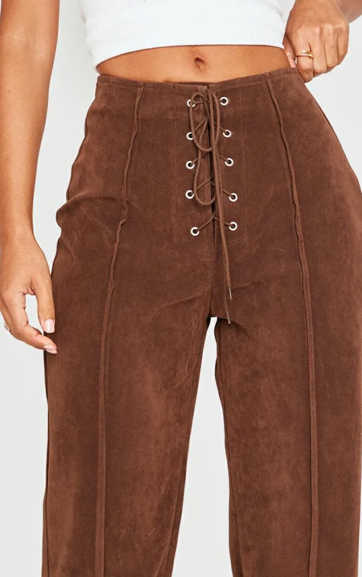 Petite Chocolate Faux Suede Lace Up Wide Leg Pants