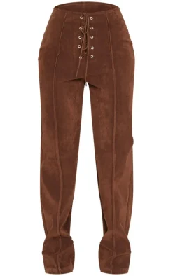 Petite Chocolate Faux Suede Lace Up Wide Leg Pants