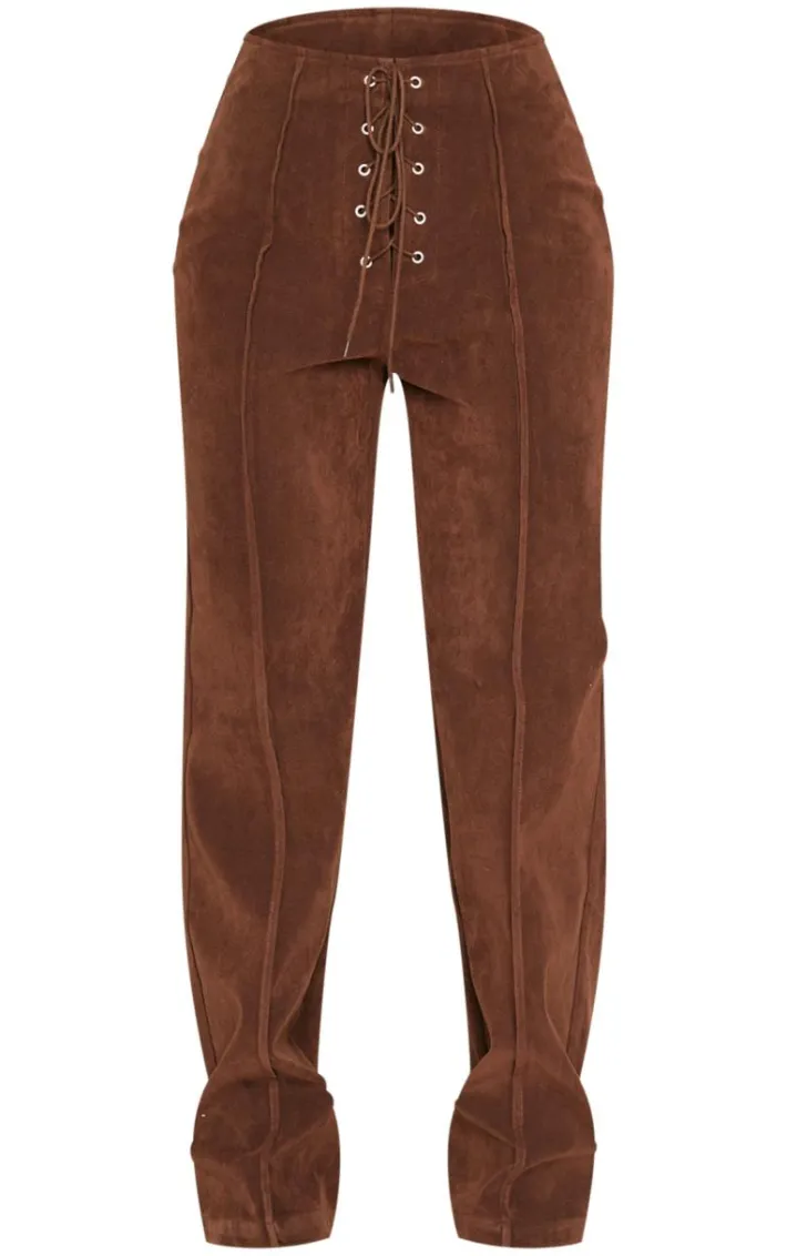 Petite Chocolate Faux Suede Lace Up Wide Leg Pants