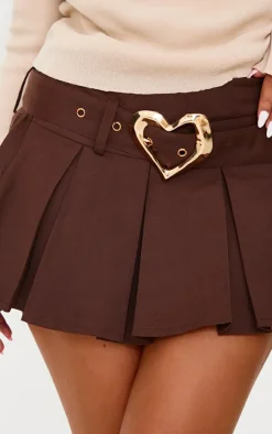 Petite Chocolate Heart Buckle Detail Pleated Mini Skirt