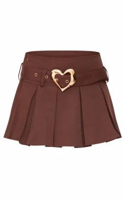 Petite Chocolate Heart Buckle Detail Pleated Mini Skirt