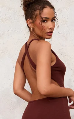 Petite Chocolate Knit Open Back Cross Over Maxi Dress