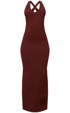 Petite Chocolate Knit Open Back Cross Over Maxi Dress