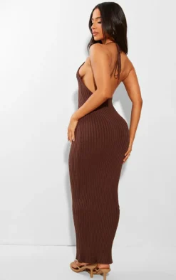 Petite Chocolate Knitted Open Back Maxi Dress