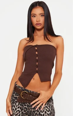 Petite Chocolate Knitted Bandeau Button Down Top