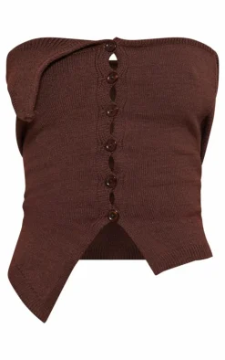 Petite Chocolate Knitted Bandeau Button Down Top