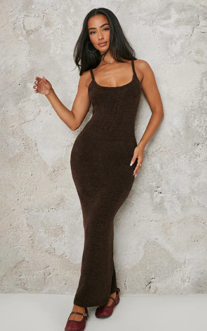 Petite Chocolate Knitted Boucle Strappy Maxi Dress