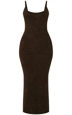 Petite Chocolate Knitted Boucle Strappy Maxi Dress