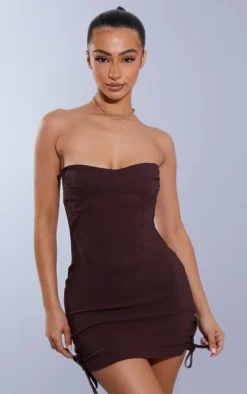 Petite Chocolate Lace Up Detail Fitted Bodycon Dress