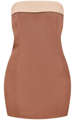 Petite Chocolate Linen Look Contrast Fold Bodycon Dress
