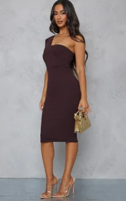 Petite Chocolate One Shoulder Drape Midi Dress