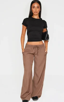 Petite Chocolate Premium Woven Drawstring Waistband Low Rise Pants