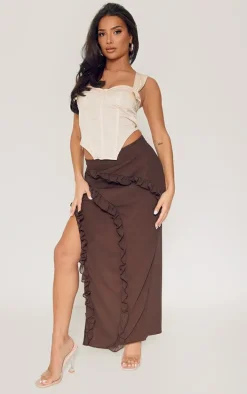 Petite Chocolate Ruffle Detail Skirt With Side Split