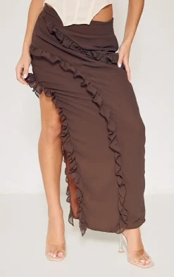 Petite Chocolate Ruffle Detail Skirt With Side Split