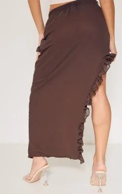 Petite Chocolate Ruffle Detail Skirt With Side Split