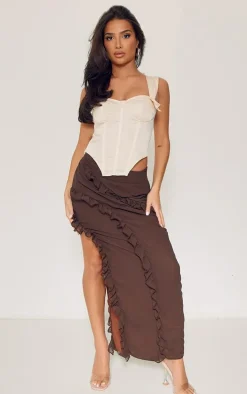 Petite Chocolate Ruffle Detail Skirt With Side Split