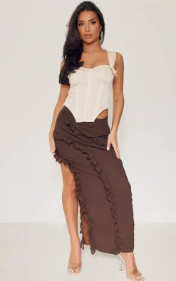 Petite Chocolate Ruffle Detail Skirt With Side Split