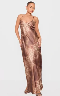 Petite Chocolate Satin Open Back Maxi Dress