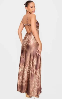 Petite Chocolate Satin Open Back Maxi Dress