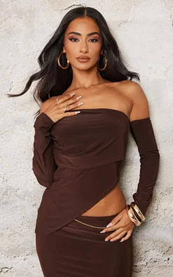 Petite Chocolate Slinky Asymmetric Bardot Long Top