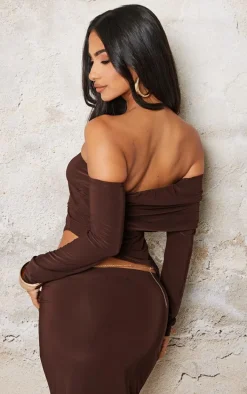 Petite Chocolate Slinky Asymmetric Bardot Long Top