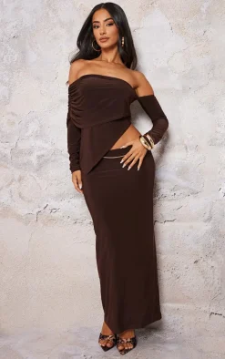 Petite Chocolate Slinky Low Waist Maxi Skirt