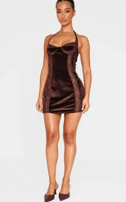 Petite Chocolate Velvet Lace Trim Detail Mini Dress