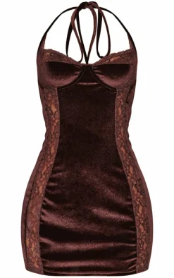 Petite Chocolate Velvet Lace Trim Detail Mini Dress