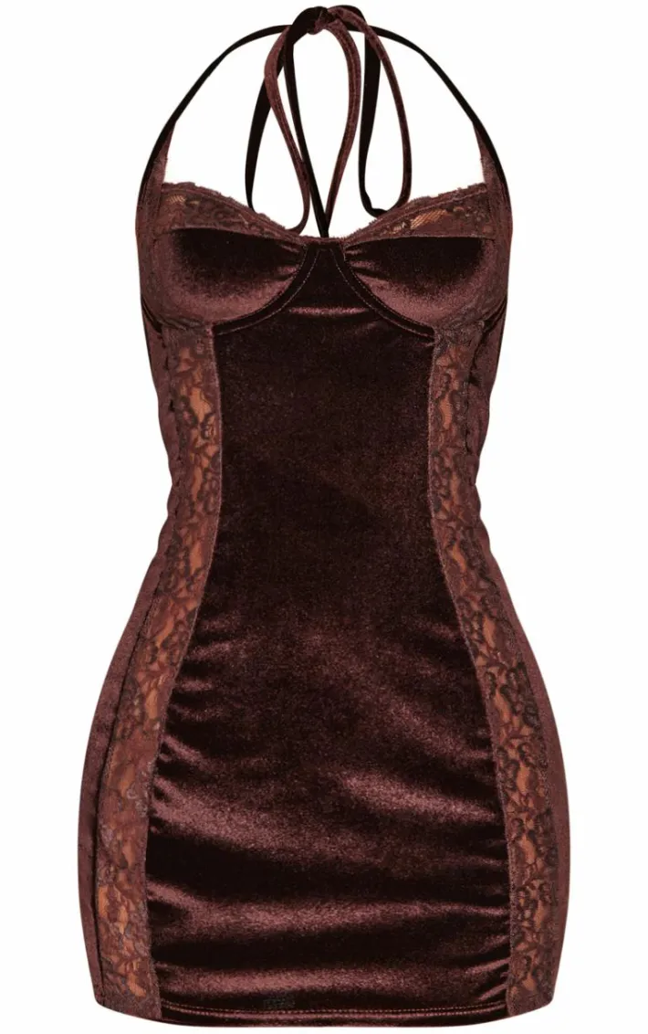 Petite Chocolate Velvet Lace Trim Detail Mini Dress