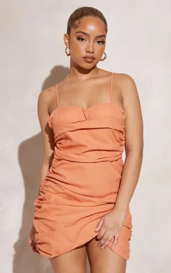 Petite Clay Linen Look Ruched Mini Dress