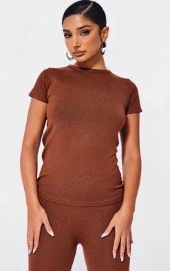 Petite Coffee Knitted Crew Neck Top