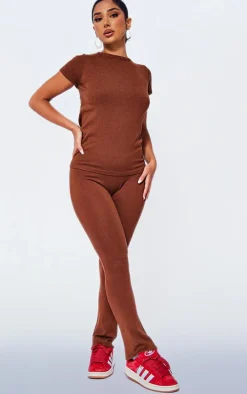 Petite Coffee Knitted Flared Pants