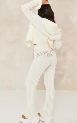 Petite Cream Athletic Sport Embroidered Knit Flared Pants
