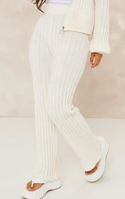 Petite Cream Athletic Sport Embroidered Knit Flared Pants