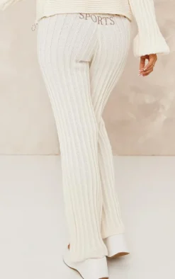 Petite Cream Athletic Sport Embroidered Knit Flared Pants