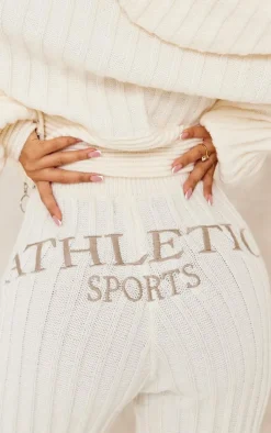 Petite Cream Athletic Sport Embroidered Knit Flared Pants