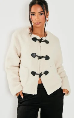 Petite Cream Borg Longline Clasp Detail Jacket